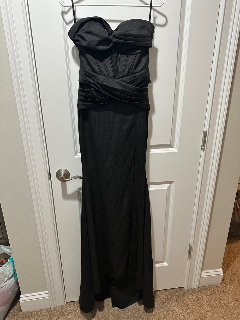 Strapless Black Evening Gown with Draped Waist